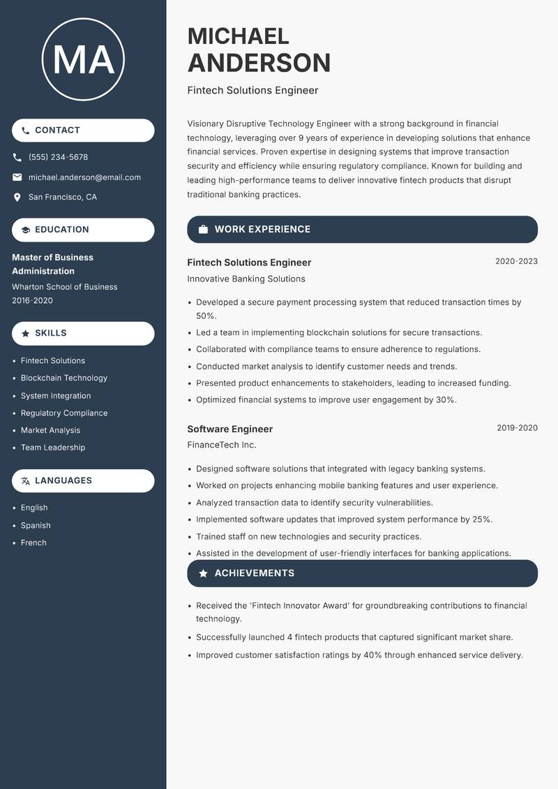 Disruptive Technology Engineer resume sample — Fintech Solutions Engineer focus