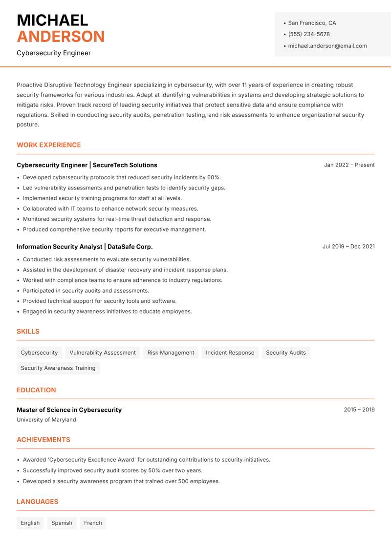 Disruptive Technology Engineer resume sample — Cybersecurity Engineer focus