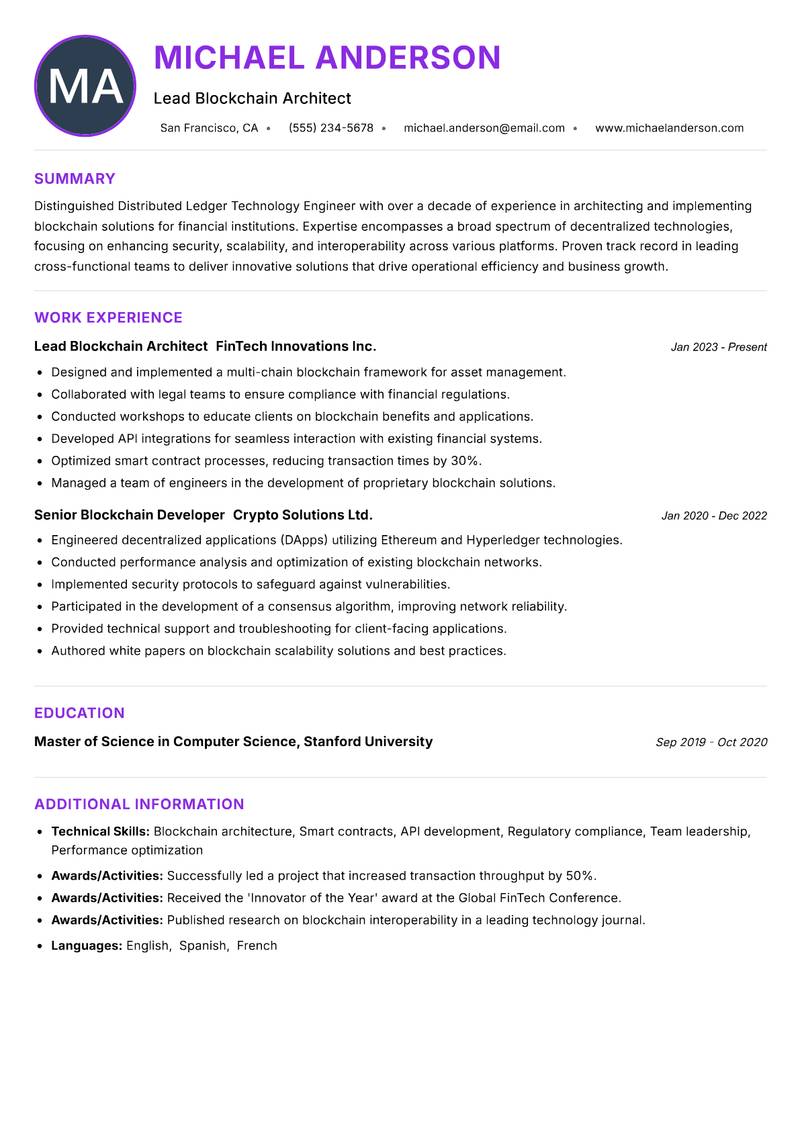 Distributed Ledger Technology Engineer resume example