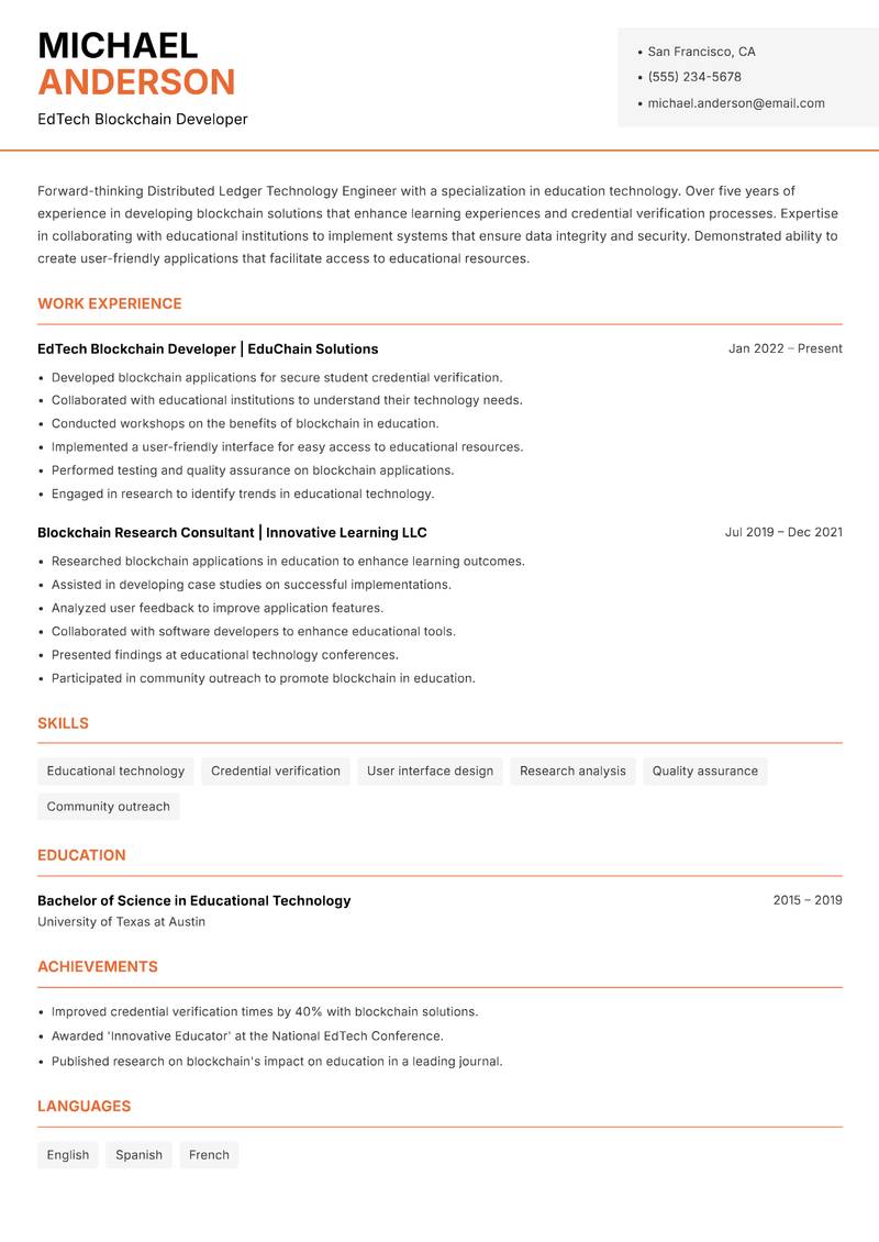 Distributed Ledger Technology Engineer resume sample — EdTech Blockchain Developer focus
