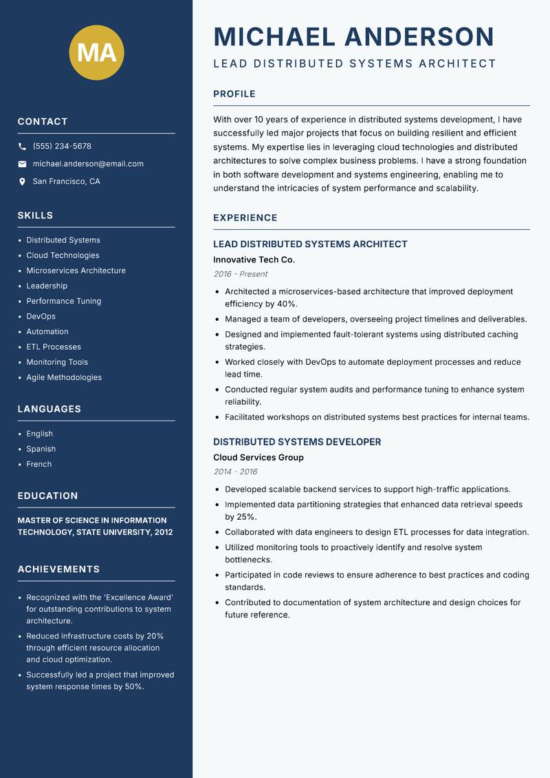 Distributed Systems Developer resume sample — Lead Distributed Systems Architect focus