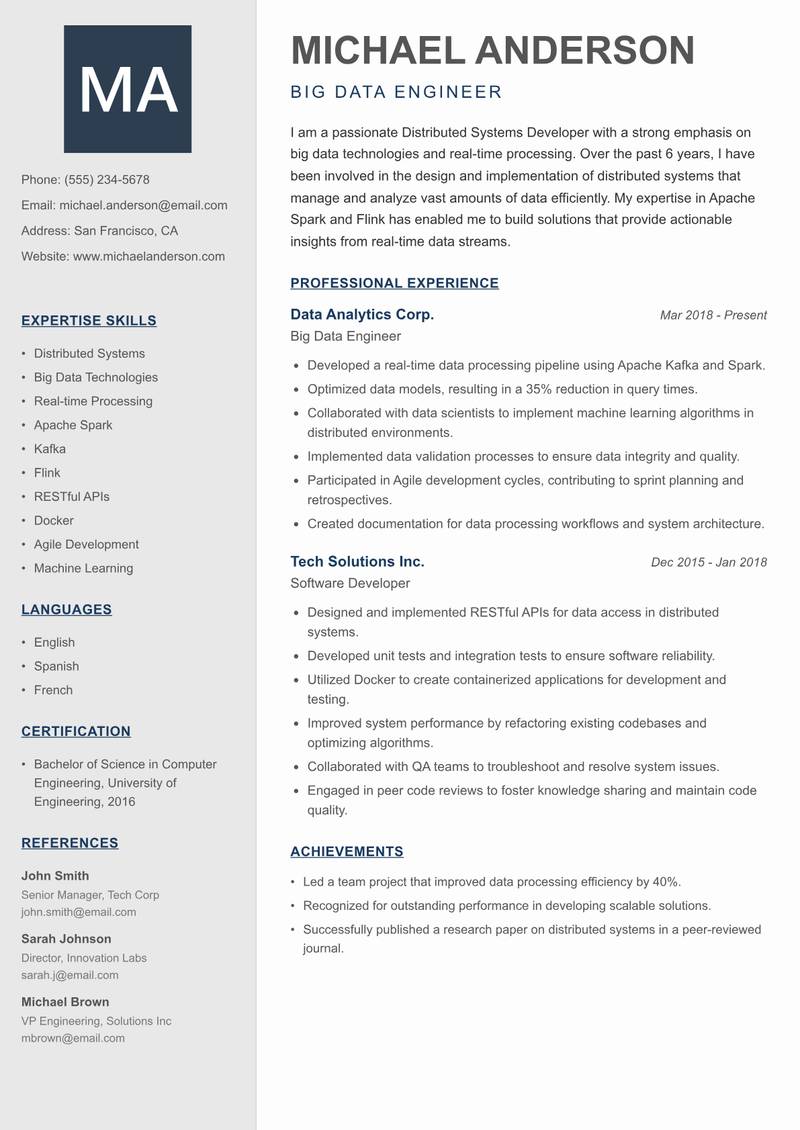Distributed Systems Developer resume sample — Big Data Engineer focus