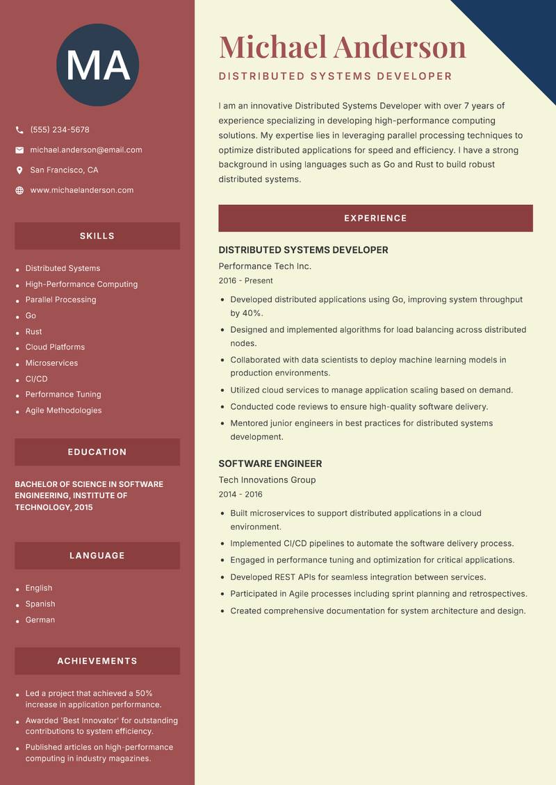 Distributed Systems Developer resume sample — Distributed Systems Developer focus