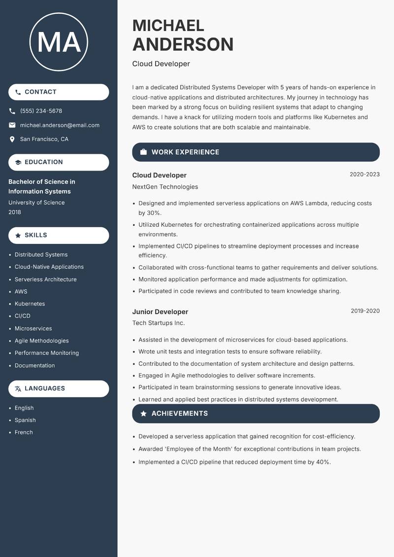 Distributed Systems Developer resume sample — Cloud Developer focus