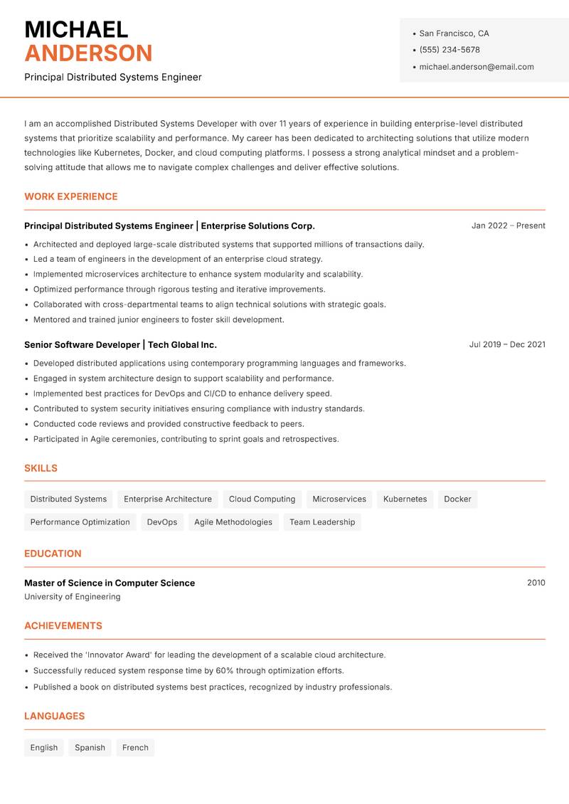 Distributed Systems Developer resume sample — Principal Distributed Systems Engineer focus