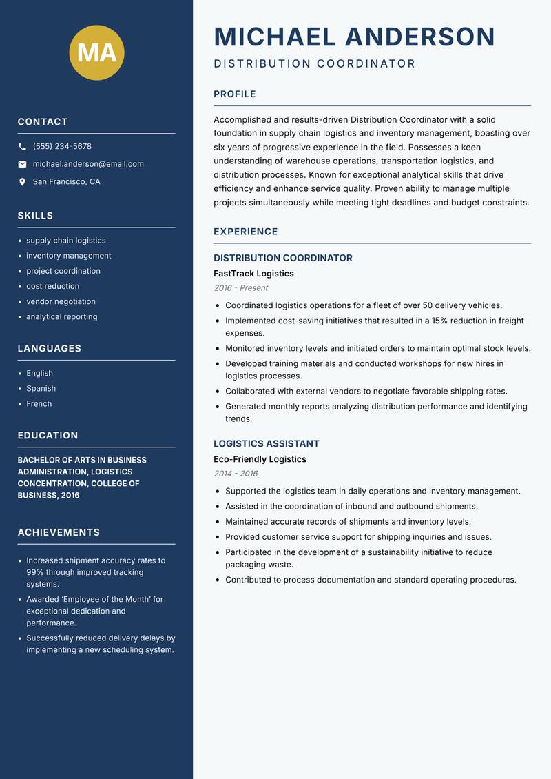 Distribution Coordinator resume sample — Distribution Coordinator focus