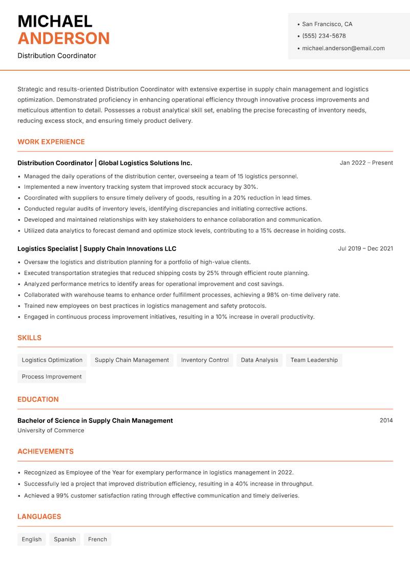 Distribution Coordinator resume sample — Distribution Coordinator focus