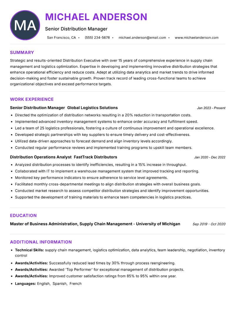 Distribution Executive resume example