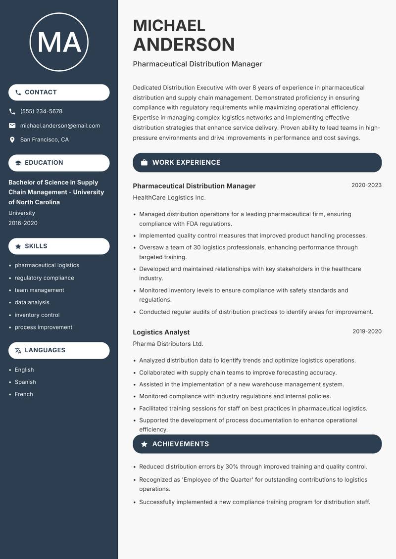 Distribution Executive resume sample — Pharmaceutical Distribution Manager focus