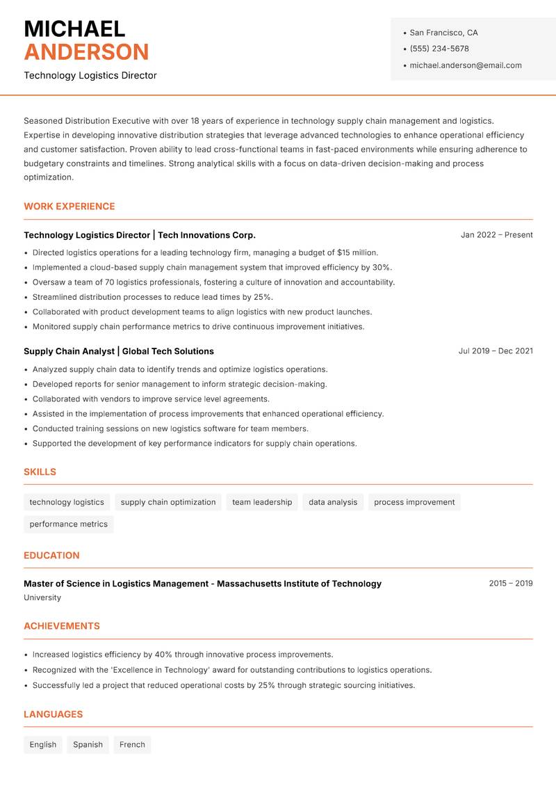 Distribution Executive resume sample — Technology Logistics Director focus