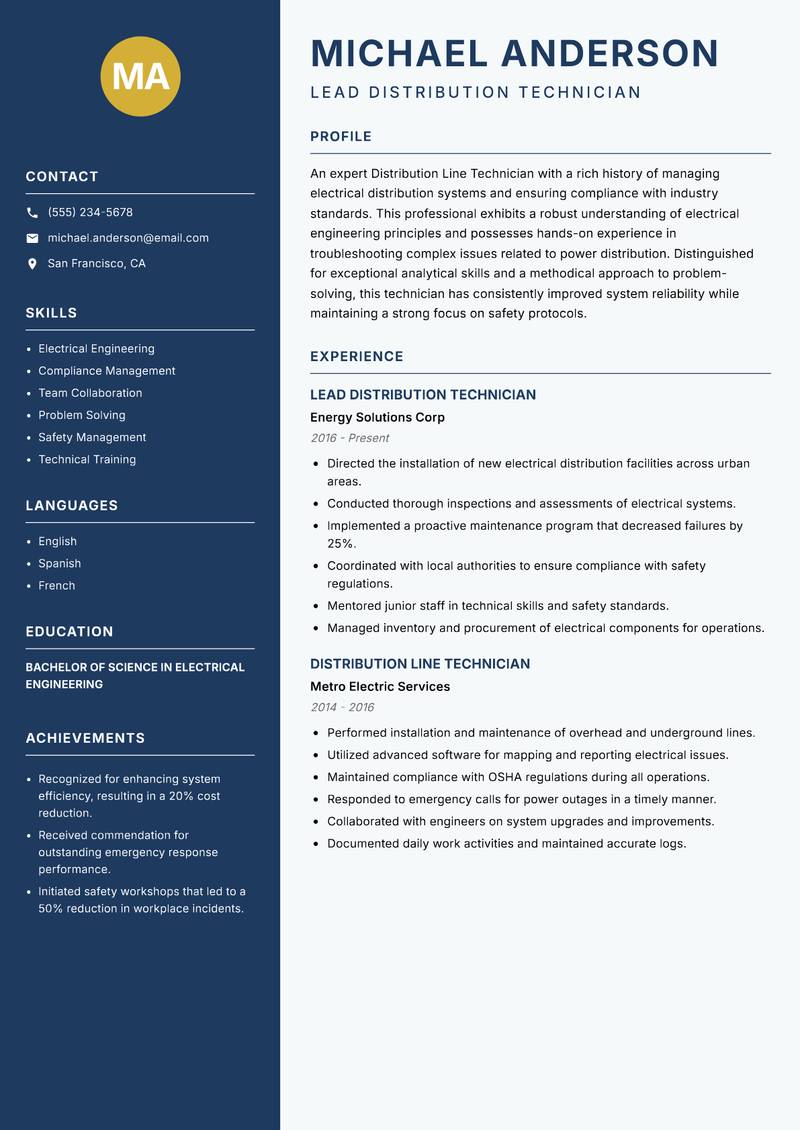Distribution Line Technician resume sample — Lead Distribution Technician focus