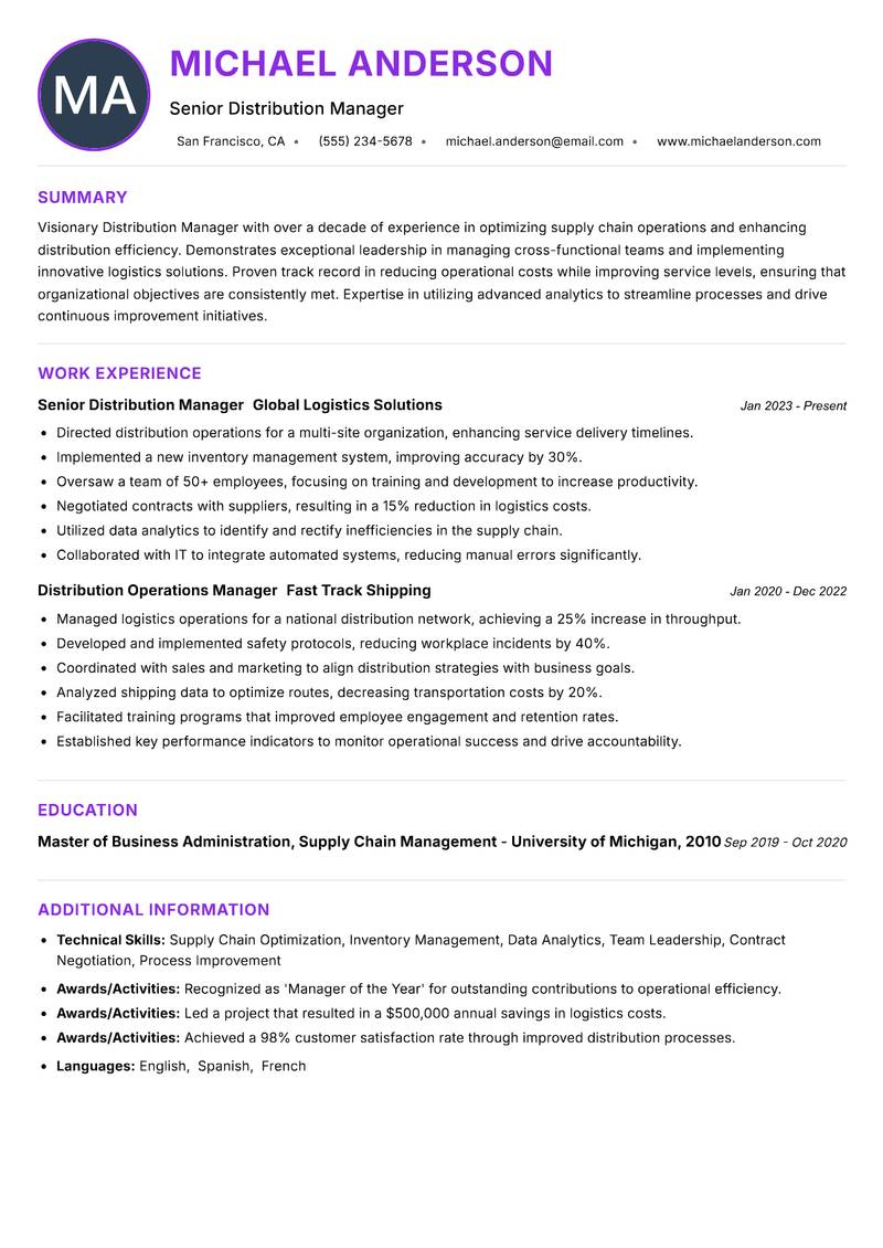 Distribution Manager resume example