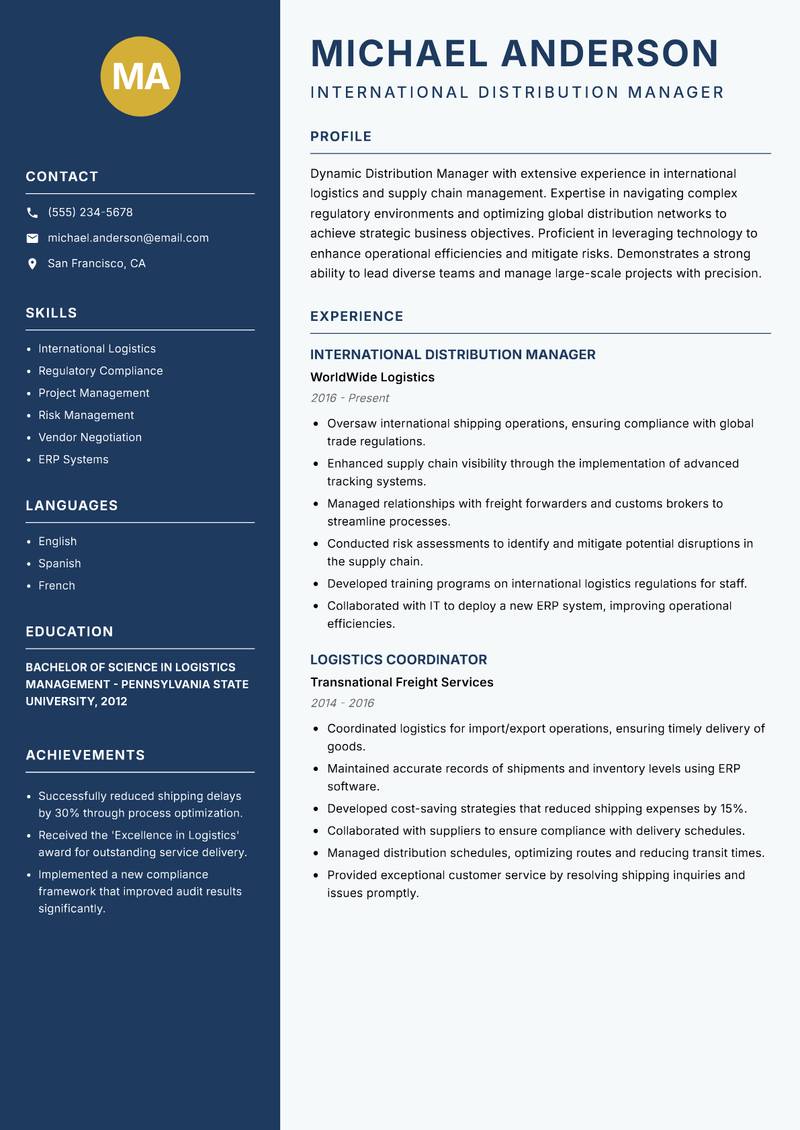 Distribution Manager resume sample — International Distribution Manager focus