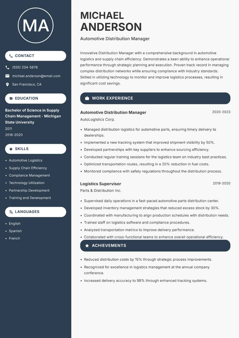 Distribution Manager resume sample — Automotive Distribution Manager focus