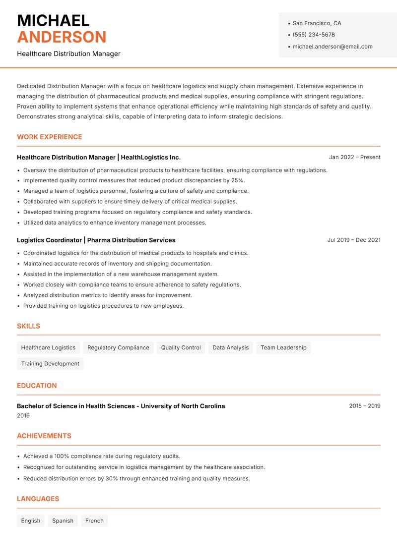 Distribution Manager resume sample — Healthcare Distribution Manager focus