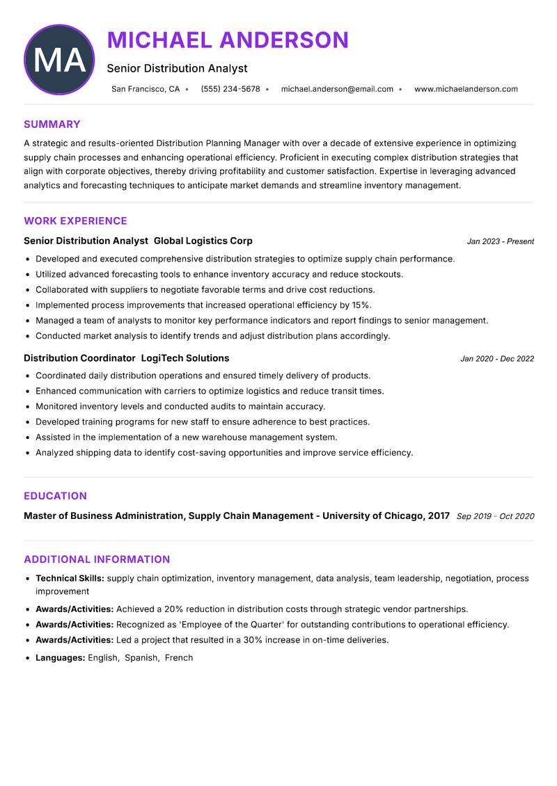 Distribution Planning Manager resume example