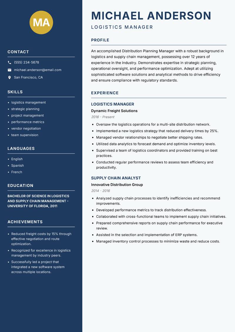 Distribution Planning Manager resume sample — Logistics Manager focus