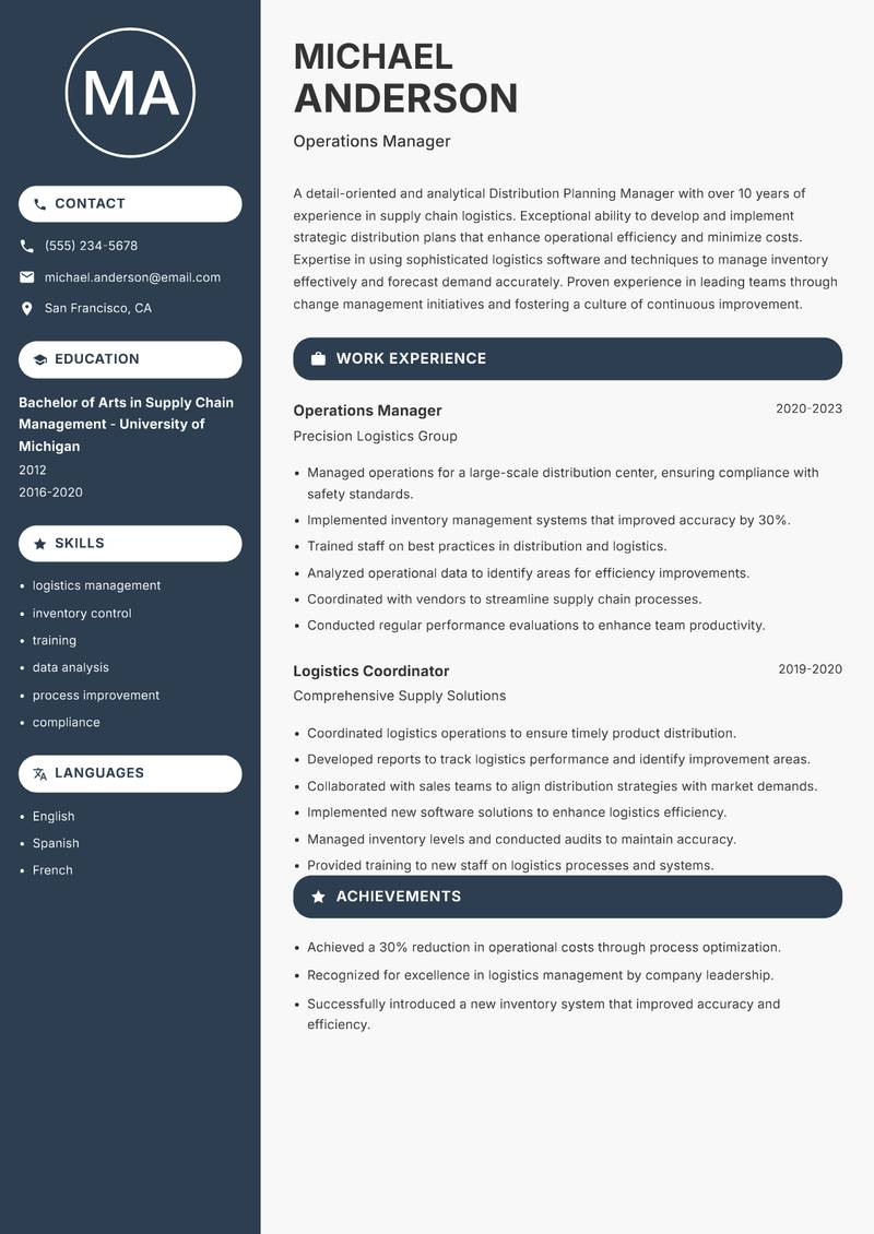 Distribution Planning Manager resume sample — Operations Manager focus