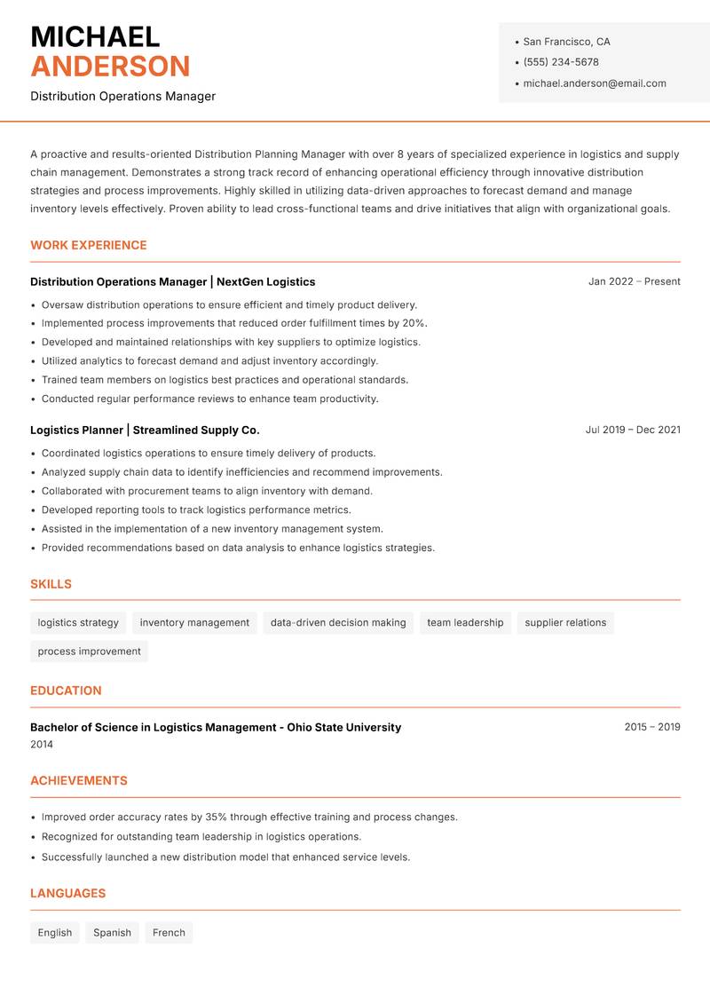 Distribution Planning Manager resume sample — Distribution Operations Manager focus