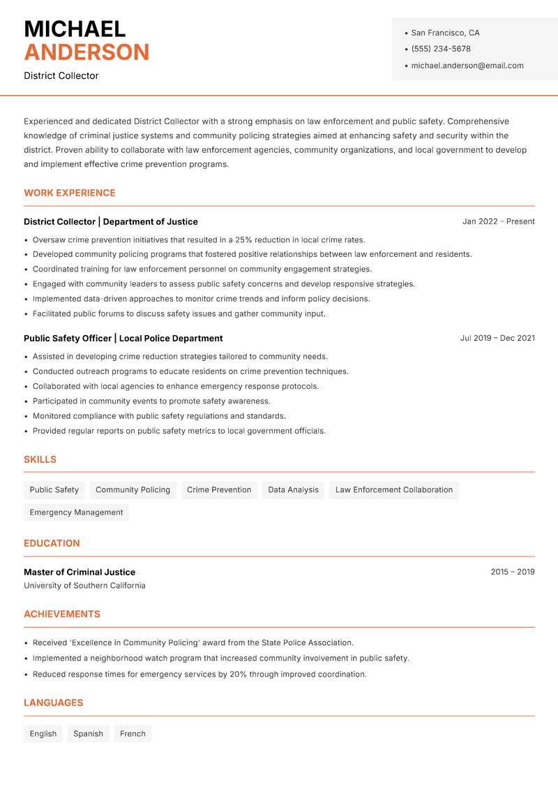 District Collector resume sample — District Collector focus