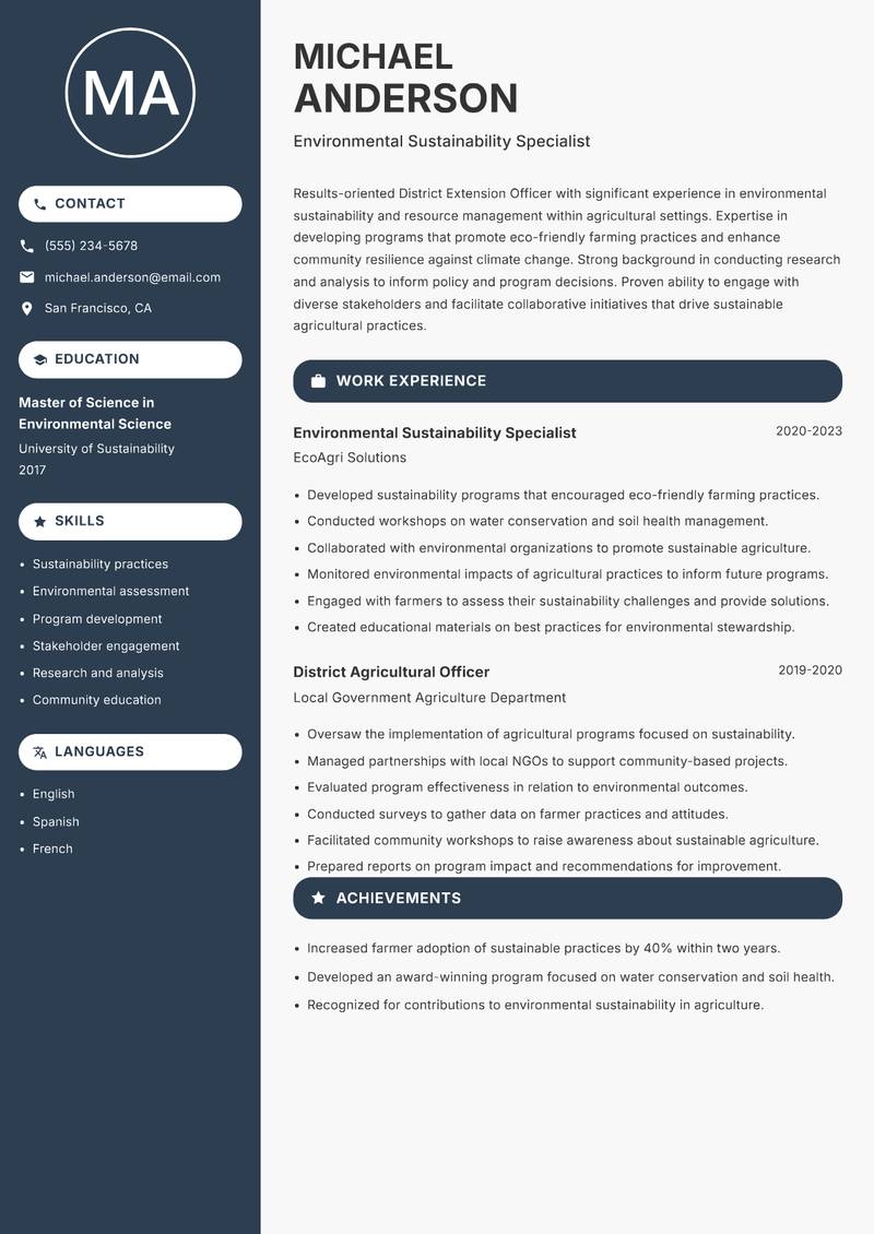 District Extension Officer resume sample — Environmental Sustainability Specialist focus
