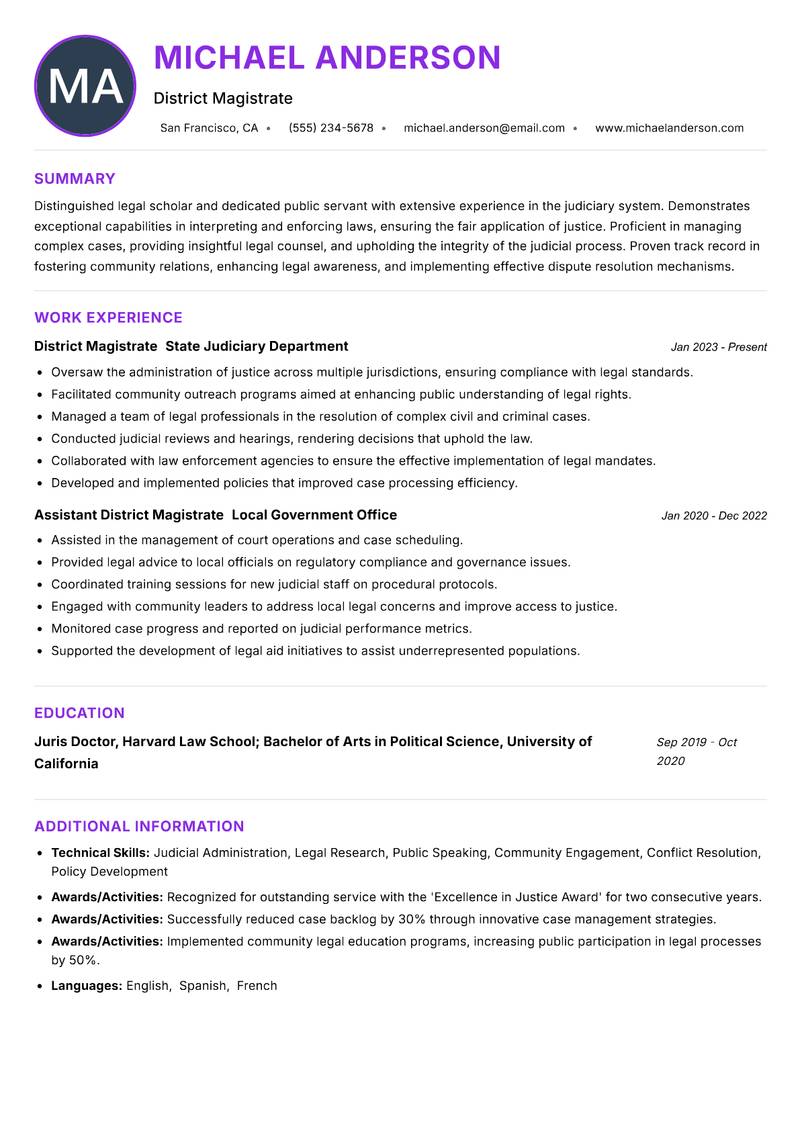 District Magistrate resume example