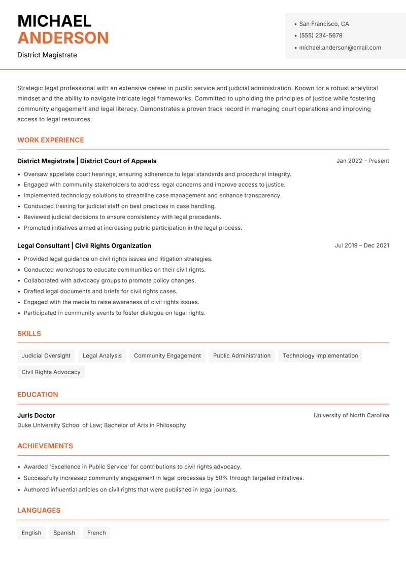 District Magistrate resume sample — District Magistrate focus