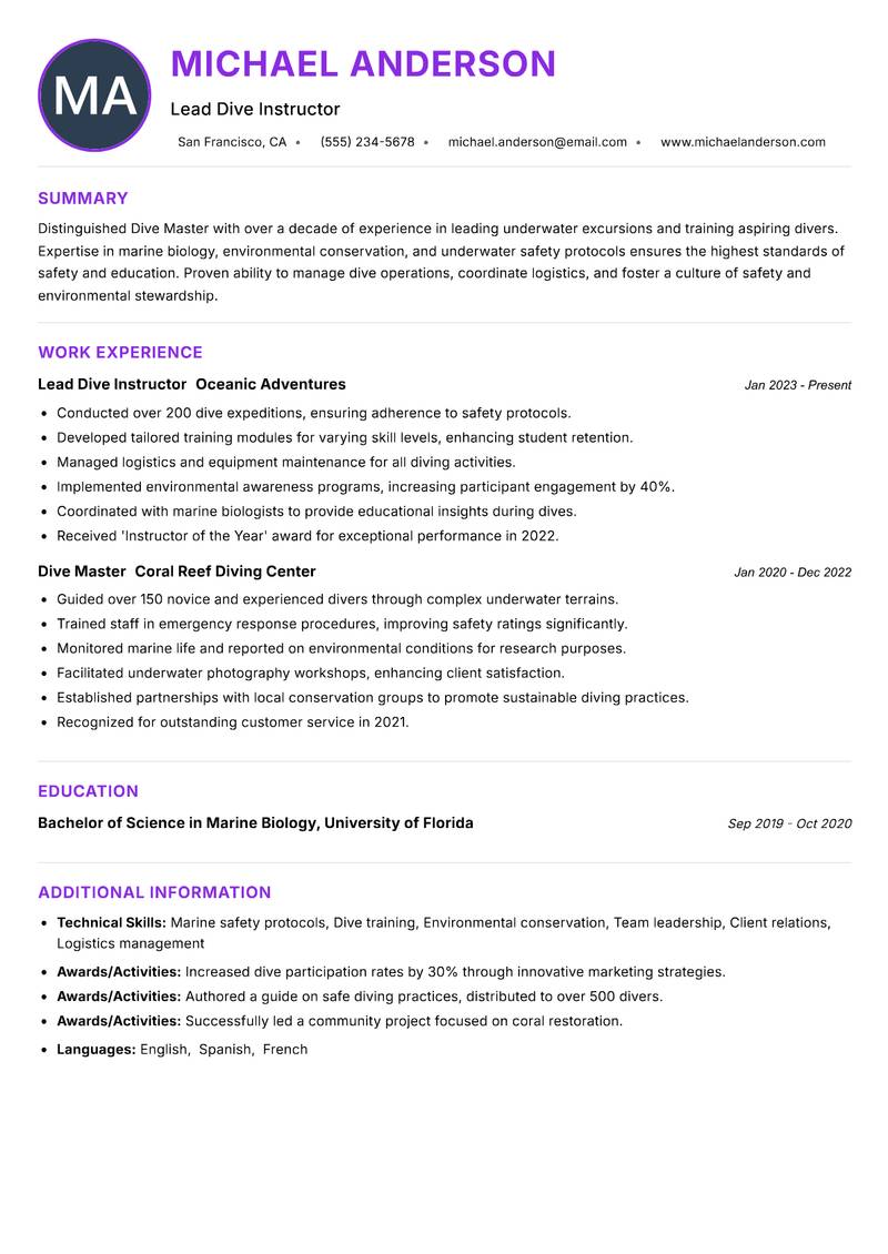 Dive Master resume example