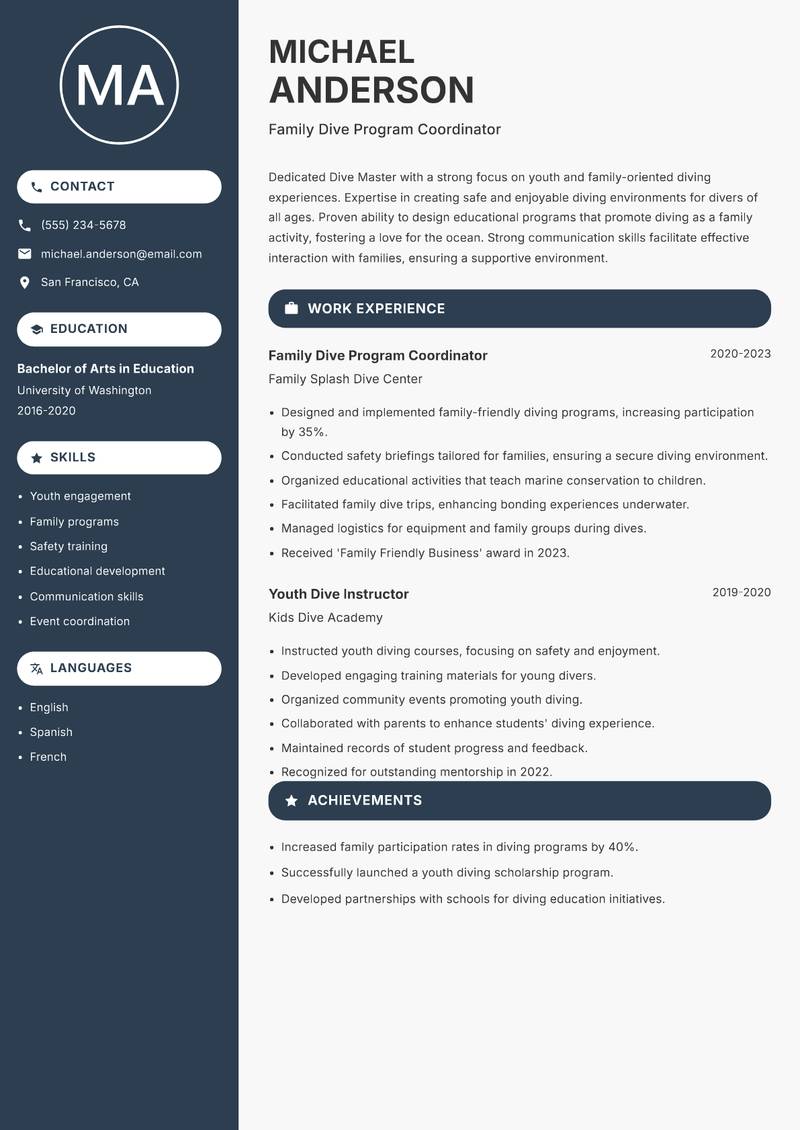 Dive Master resume sample — Family Dive Program Coordinator focus
