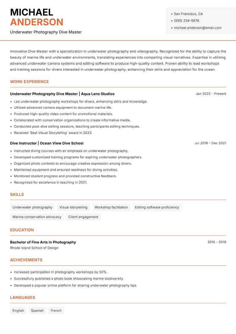 Dive Master resume sample — Underwater Photography Dive Master focus