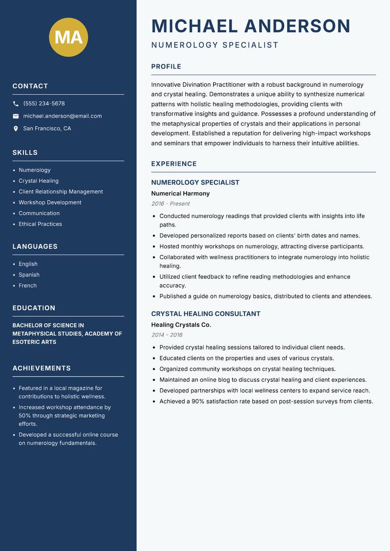 Divination Practitioner resume sample — Numerology Specialist focus