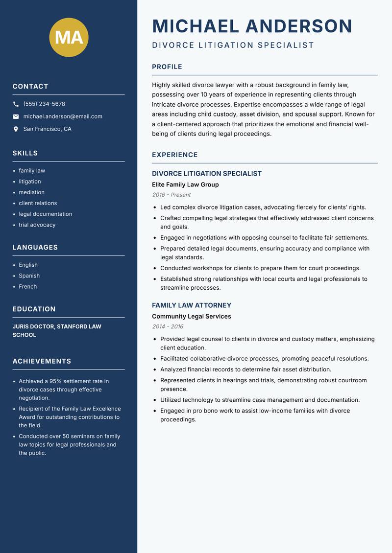 Divorce Lawyer resume sample — Divorce Litigation Specialist focus