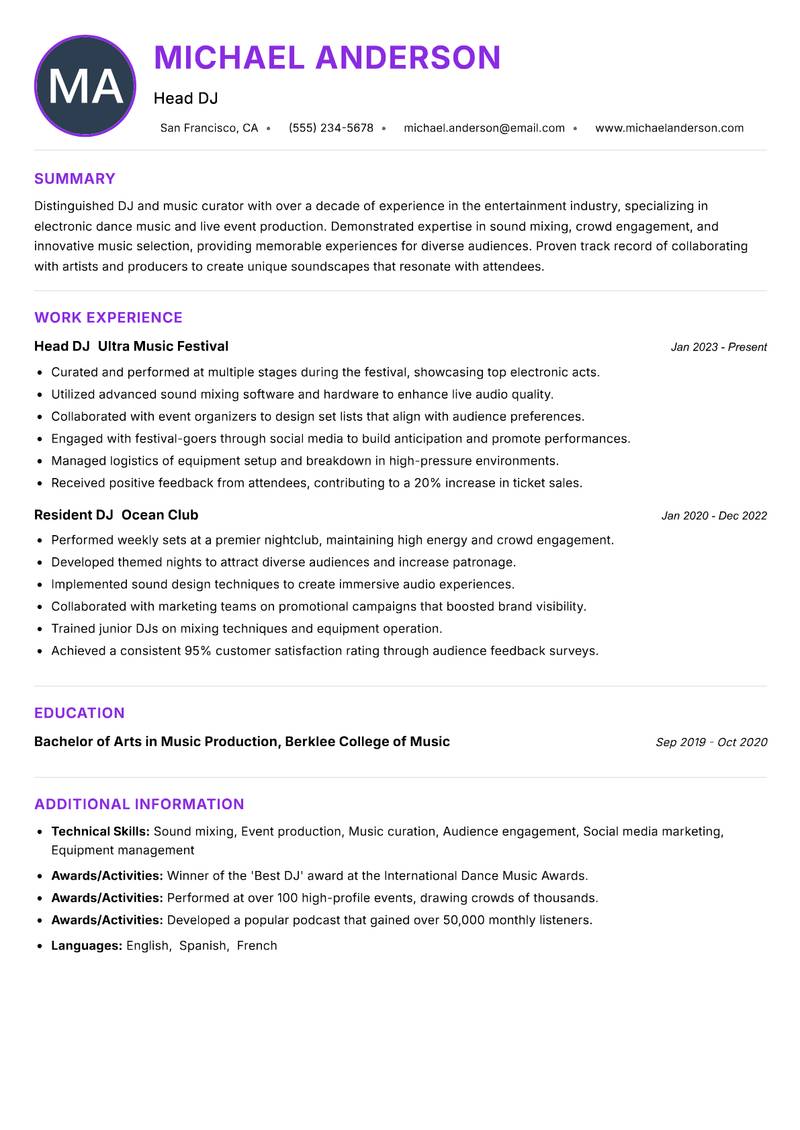 DJ resume example