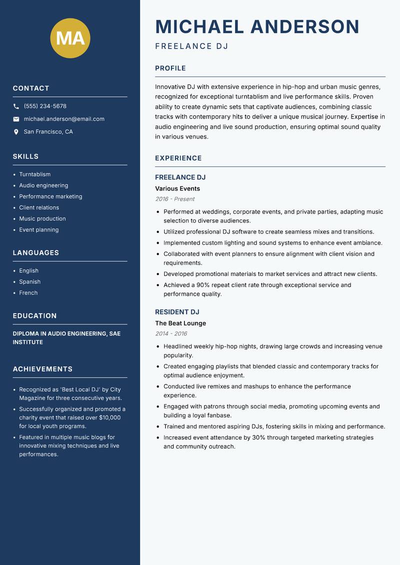 DJ resume sample — Freelance DJ focus
