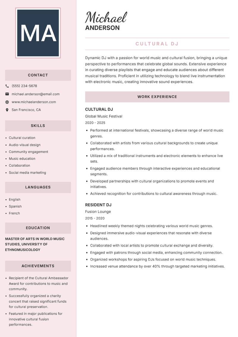 DJ resume sample — Cultural DJ focus