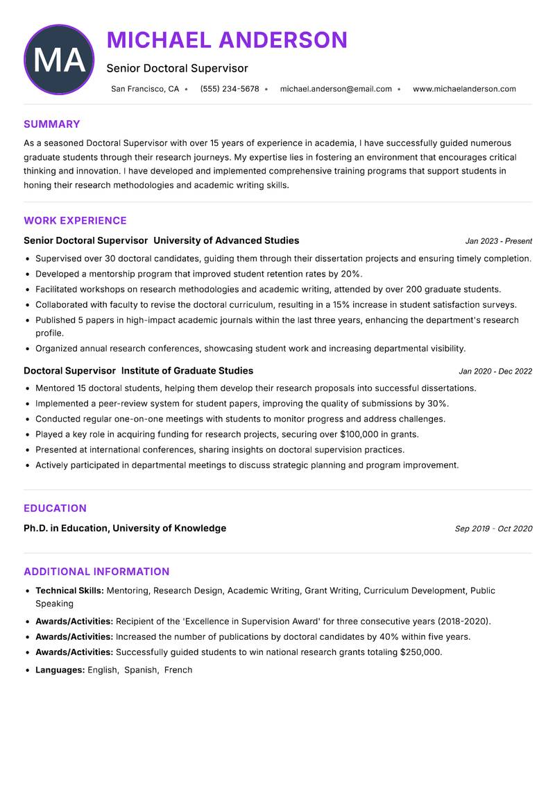 Doctoral Supervisor resume example
