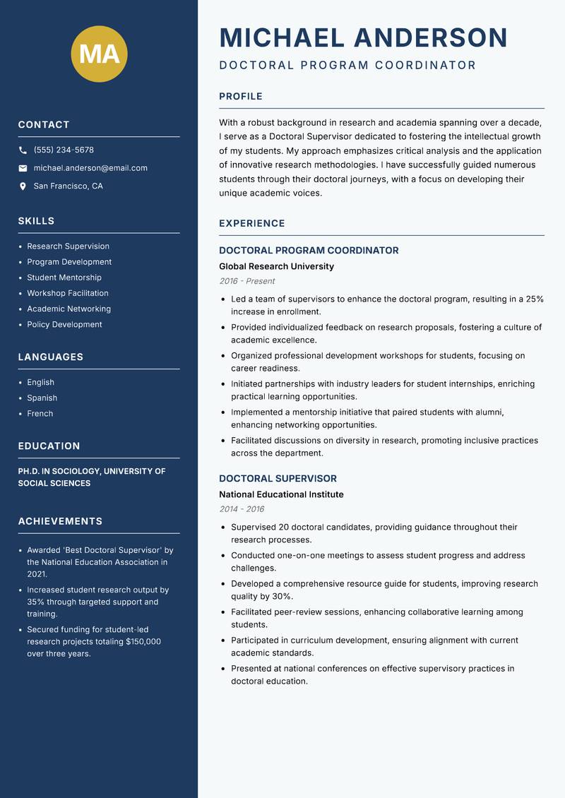 Doctoral Supervisor resume sample — Doctoral Program Coordinator focus