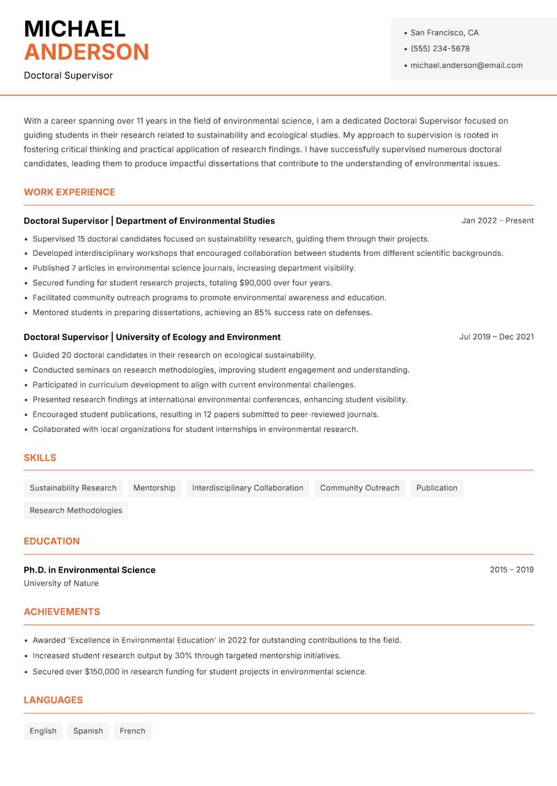 Doctoral Supervisor resume sample — Doctoral Supervisor focus
