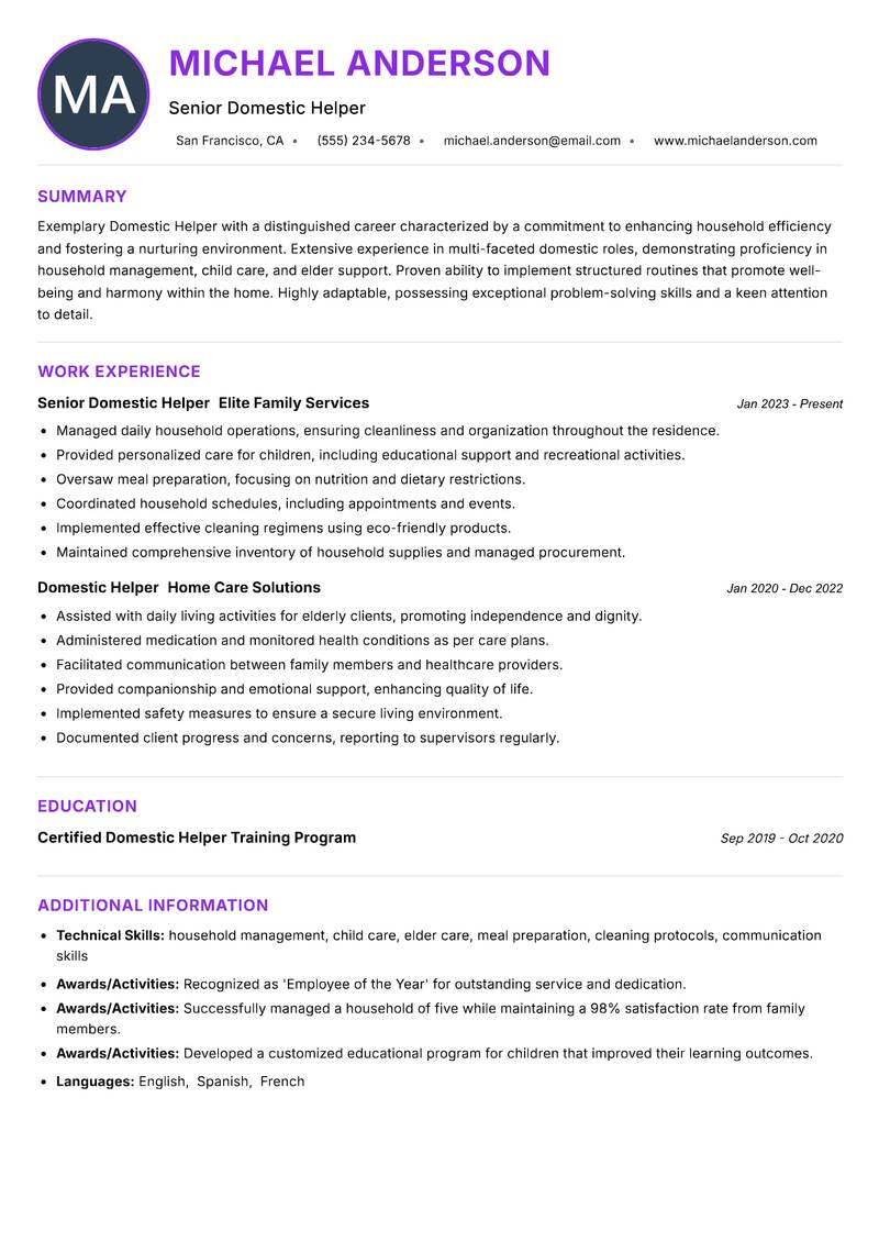Domestic Helper resume example