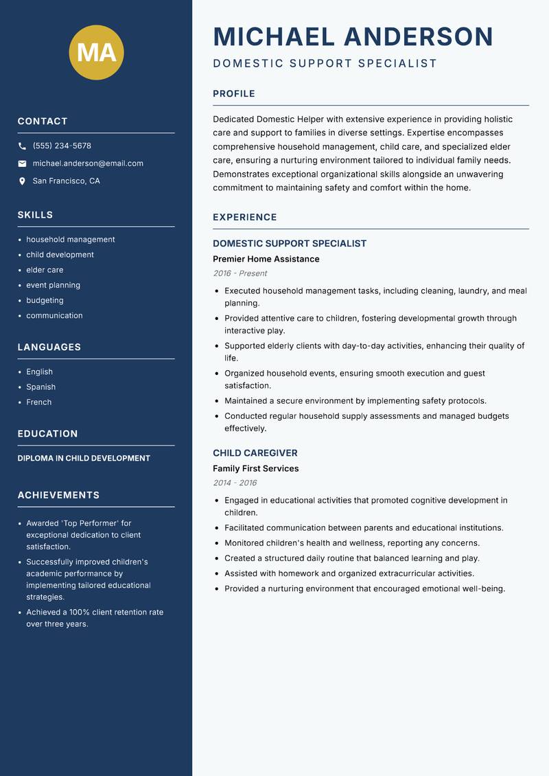 Domestic Helper resume sample — Domestic Support Specialist focus