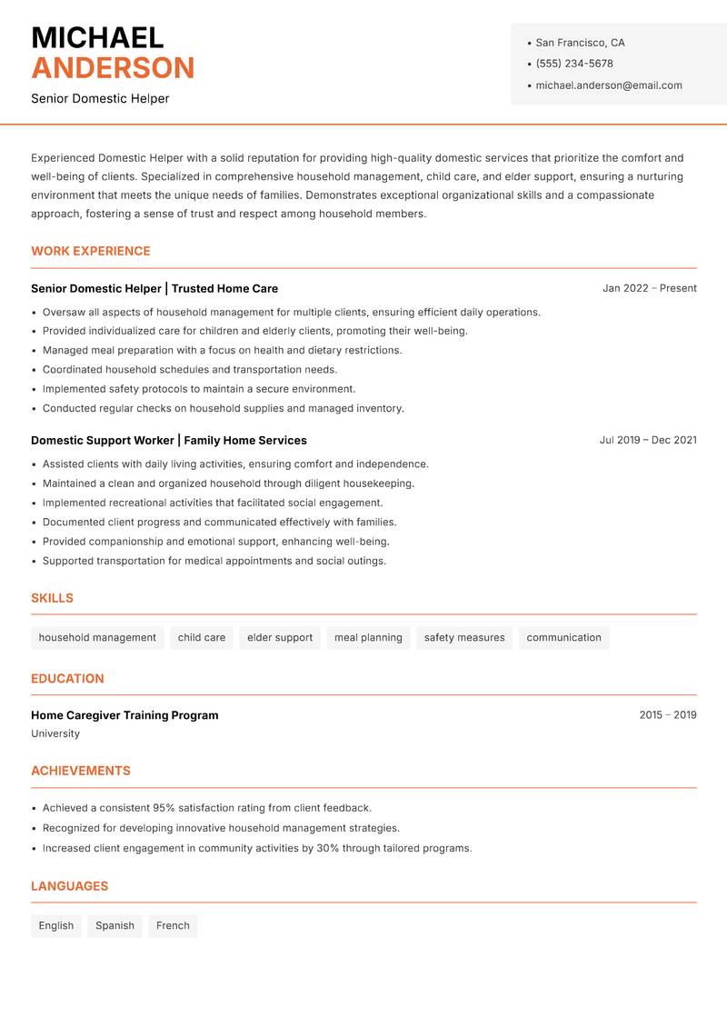 Domestic Helper resume sample — Senior Domestic Helper focus