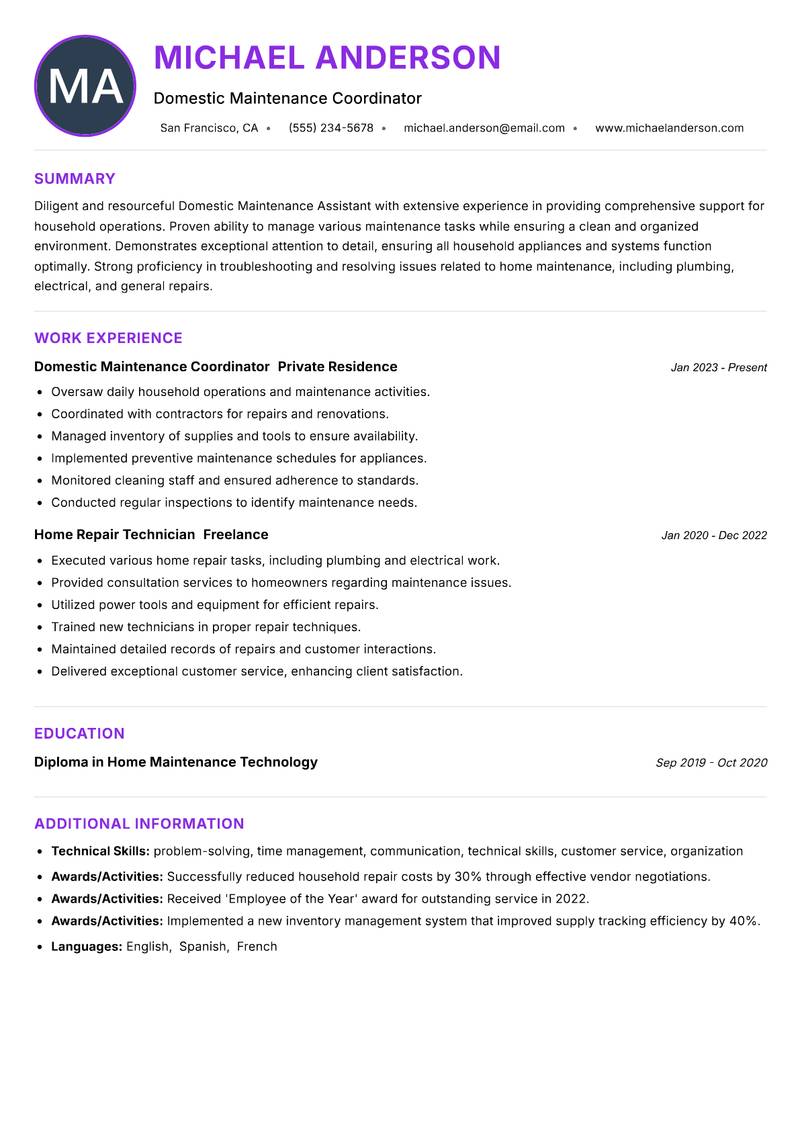 Domestic Maintenance Assistant resume example