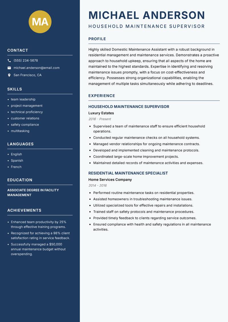 Domestic Maintenance Assistant resume sample — Household Maintenance Supervisor focus