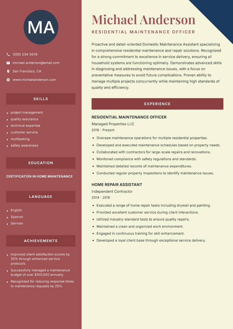 Domestic Maintenance Assistant resume sample — Residential Maintenance Officer focus