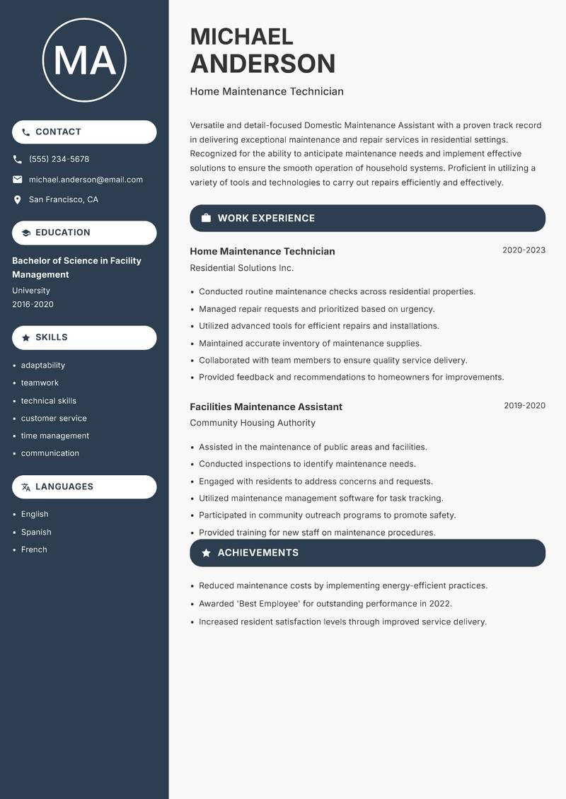 Domestic Maintenance Assistant resume sample — Home Maintenance Technician focus