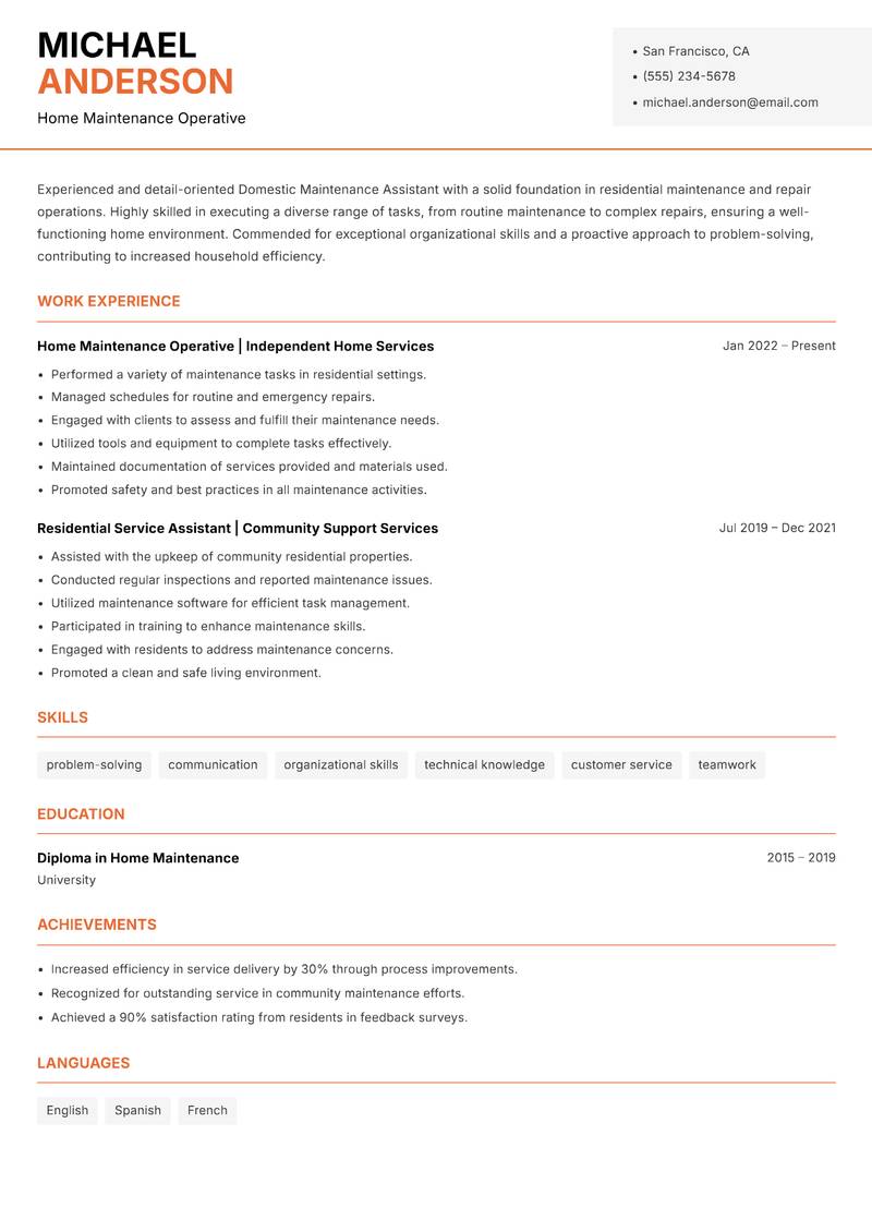 Domestic Maintenance Assistant resume sample — Home Maintenance Operative focus