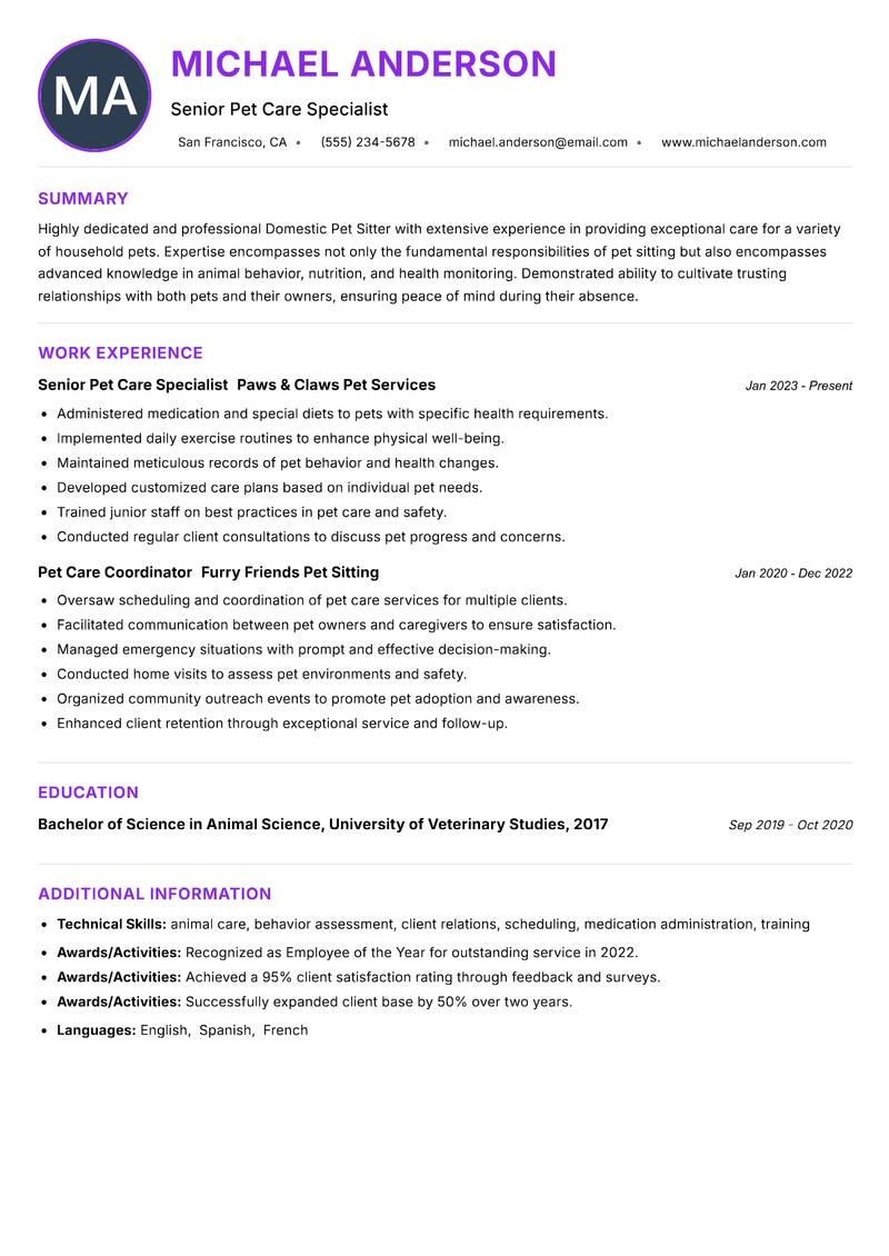 Domestic Pet Sitter resume example