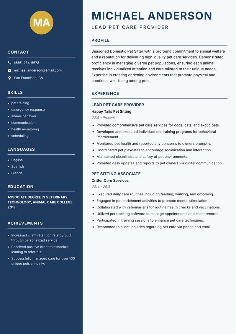 Domestic Pet Sitter resume sample — Lead Pet Care Provider focus