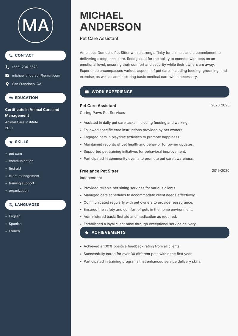 Domestic Pet Sitter resume sample — Pet Care Assistant focus