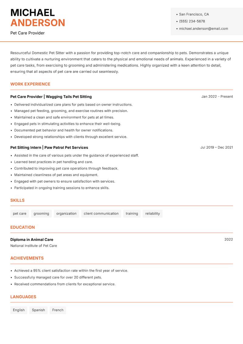 Domestic Pet Sitter resume sample — Pet Care Provider focus